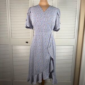 SOUP Floral Faux Wrap Midi Dress Blue Boho Cottagecore Tie Waist M/L NWT